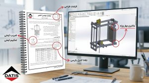 تصویر یک سند استاندارد مهندسی آسانسور در کنار مدل سه‌بعدی کادر وزن تعادل که بخش‌های مربوط به الزامات طراحی، ضریب ایمنی، مهار وزنه‌ها و نقاط کنترل با علامت‌گذاری مشخص شده باشند.
