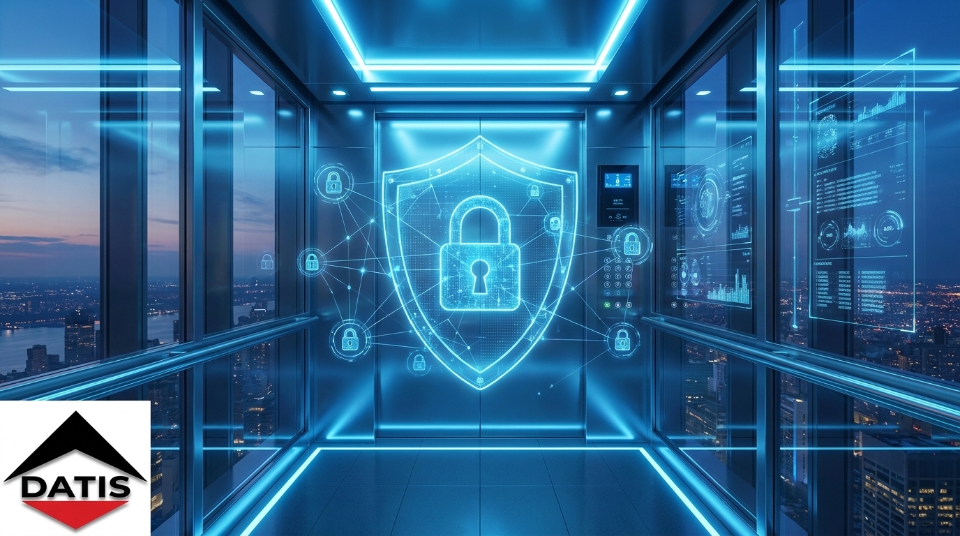 A futuristic smart elevator inside a modern skyscraper protected by a glowing cybersecurity shield, digital lock icons, holographic network connections, blue neon lighting, high-tech architecture, ultra realistic, cinematic, 8K, no people, clean corporate style.