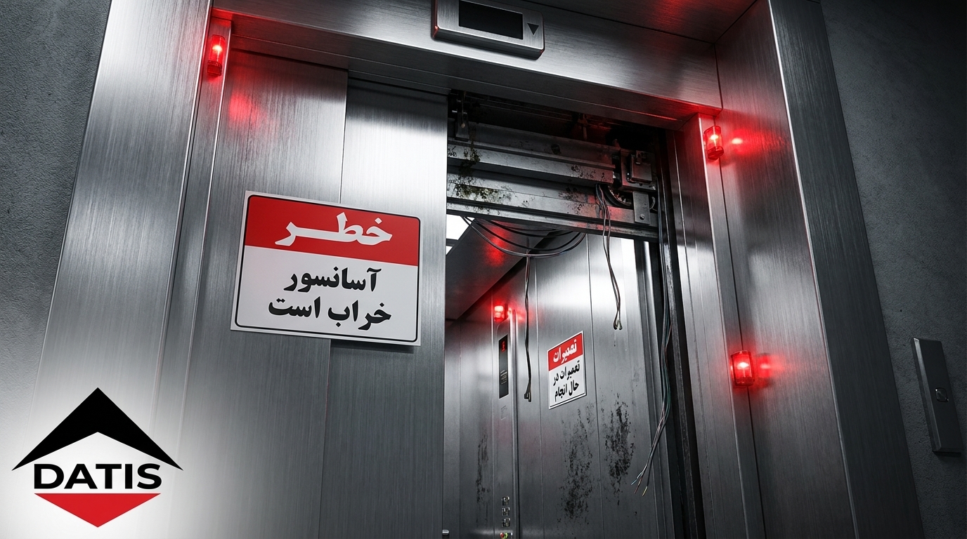 تصویر درب یک آسانسور که خراب شده است