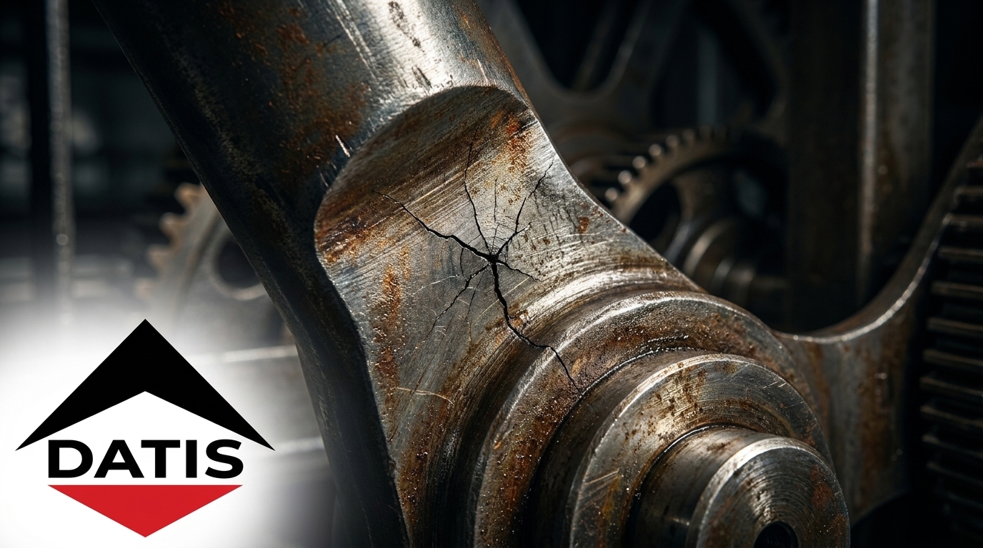 Extreme macro close-up of a heavy steel elevator mechanical joint under immense tension. A micro-crack is starting to form on the solid metal. Dramatic cinematic lighting, sharp focus, metallic textures, dark industrial background. High-end, professional corporate photography.